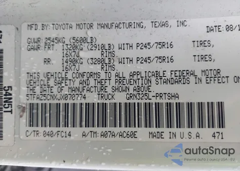 2018 Toyota Tacoma Sr5 V6 z USA, uszkodzony, nr VIN 5TFAZ5CNXJX070774